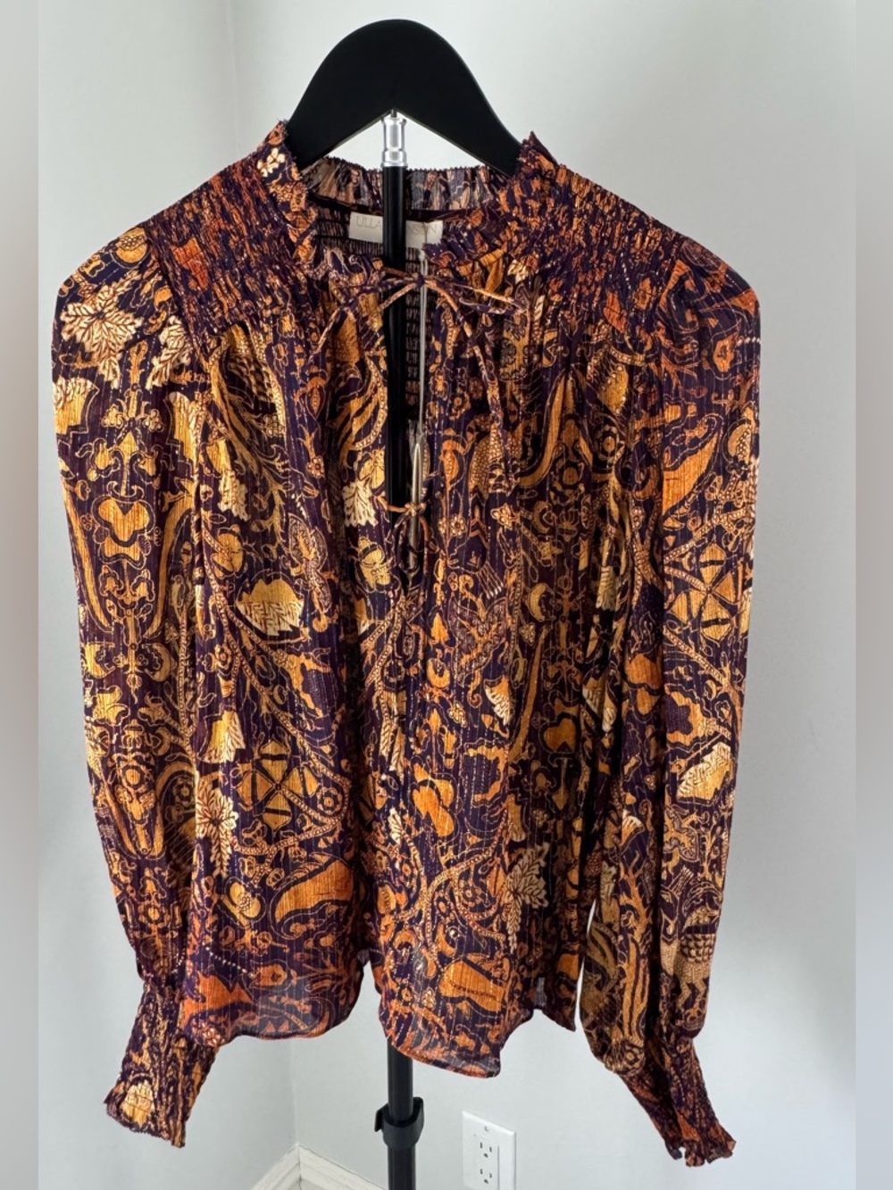 Ulla Johnson Ida Blouse in  Burt Orange navy & gold.